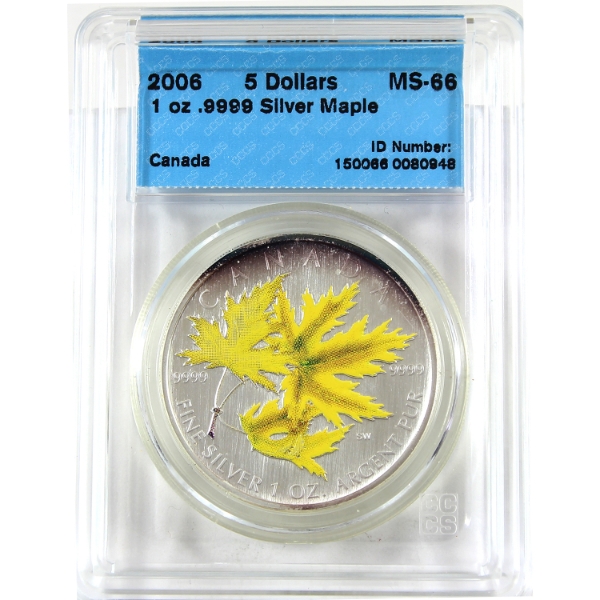 2006 $5 Yellow Coloured Silver Maple Leaf 1oz .9999 Fine Silver Coin CCCS MS66 (Tax Exempt)