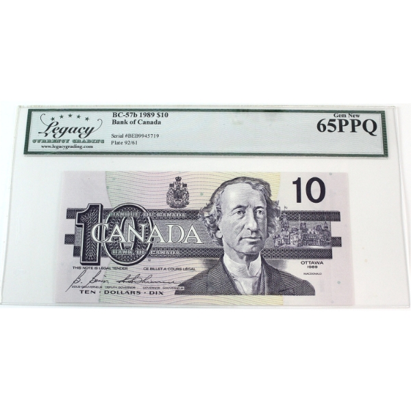 BC-57b 1989 $10 Legacy Gem UNC65 PPQ Bonin-Thiessen SN: BEB9945719