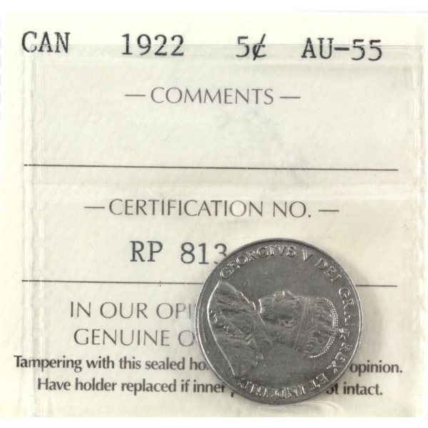 5-cent 1922 Near Rim ICCS AU55