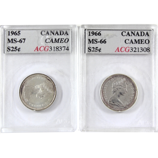 25-cent 1965 MS67 & 1966 MS66 ACG Certified Cameo. 2pcs