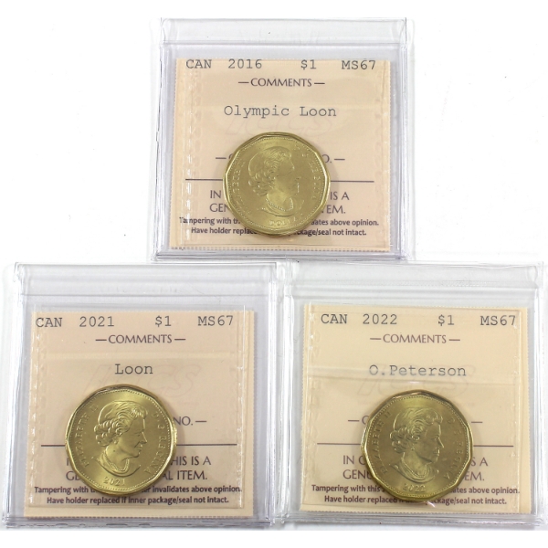 Loon $1 2016 to 2022 ICCS MS67. 3pcs.