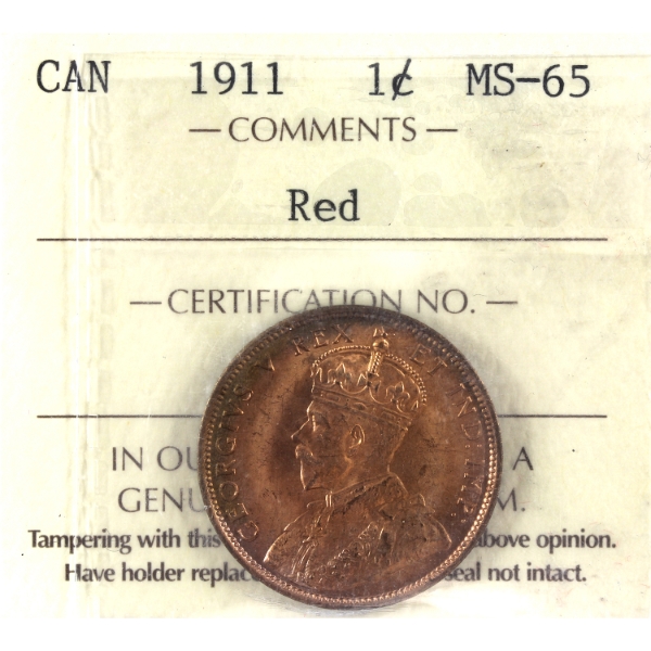 1-cent 1911 ICCS MS65 Red