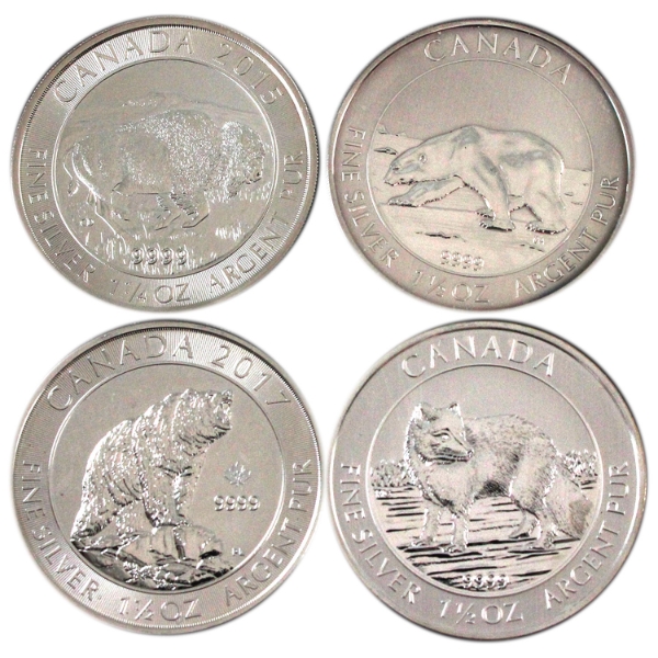 4x 1.5oz $8 2013 Bear, 2014 Fox, 2015 Bison & 2017 Grizzly Bear .9999 Fine Silver Rounds. 4pcs.