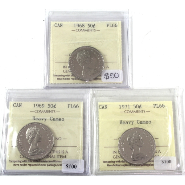 50-cent 1968, 1969 Heavy Cameo & 1971 Heavy Cameo ICCS PL66. 3pcs