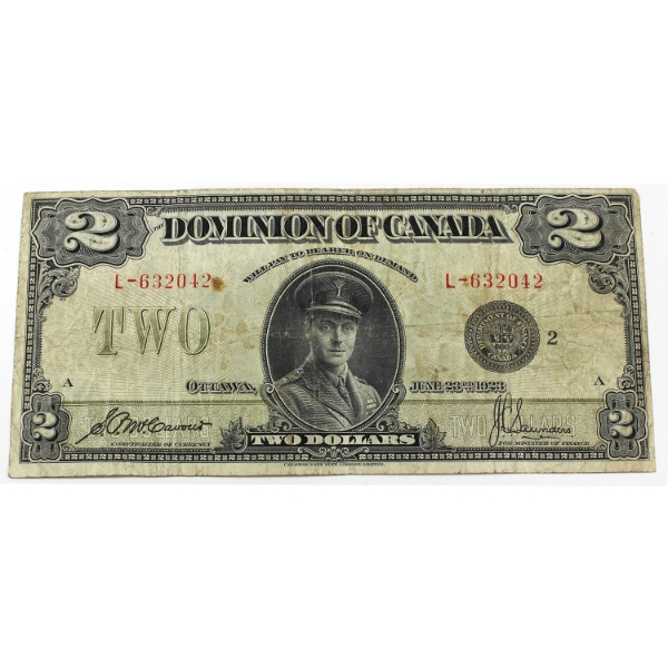 DC-26f 1923 $2 Black Seal 2 Very Fine McCavour-Saunders SN: L-632042 ppA