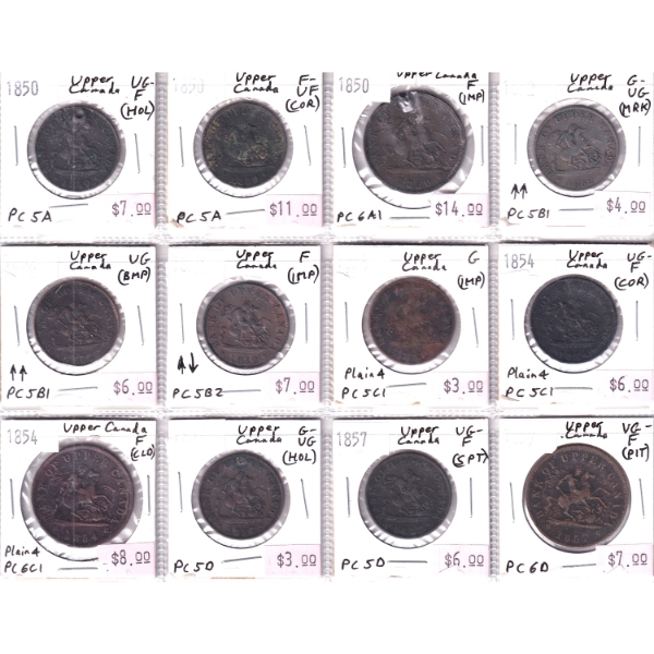 Bulk Lot of 1850-1857 Upper Canada Penny & Half Penny Tokens G to F-VF in 12-Pocket Sheet. 12pcs.