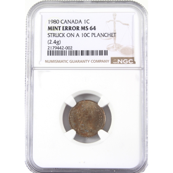 ERROR! 1-cent 1980 Mint Error Struck On 10-cent Planchet NGC MS64