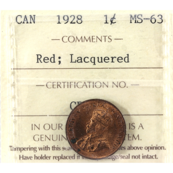 1-cent 1928 ICCS MS63 Red; Lacquered