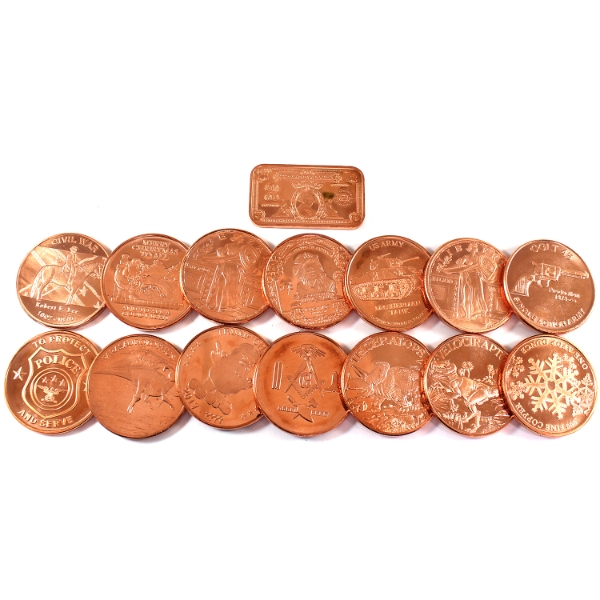 1oz Assorted .999 Fine Copper Rounds & Bar. 15pcs.