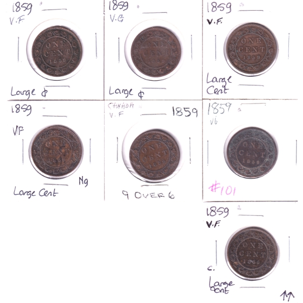 1-cent 1859 VG-VF. 7pcs.