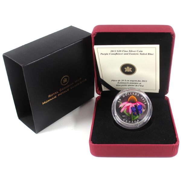 2013 $20 Purple Coneflower & Eastern Tailed Blue Butterfly 1oz .9999 Fine Silver w/ Venetian Glass  