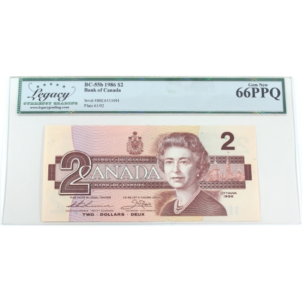 BC-55b 1986 $2 Legacy GEM UNC66 PPQ Thiessen-Crow SN:BRC6533091