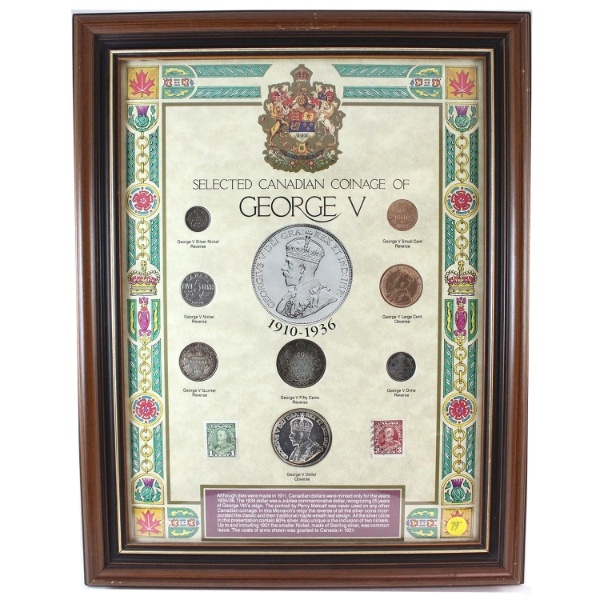 *Selected Canadian Coinage of King George V 8-coin Set with 2 Stamps in Wooden Frame