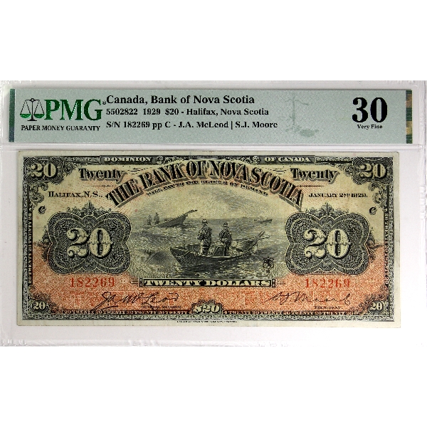 550-28-22 1929 $20 Bank of Nova Scotia PMG VF30 McLeod-Moore SN: 182269 ppC 
