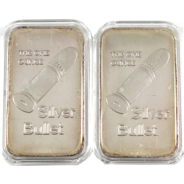 2x 1oz Unknown Refiner c. 1980s Silver Bullet 1oz .999 Silver Bars. 2pcs. (Tax Exempt)
