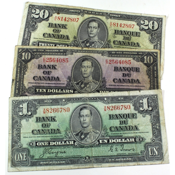 Group Lot of 1937 $1 to $20 Ungraded. 3pcs.