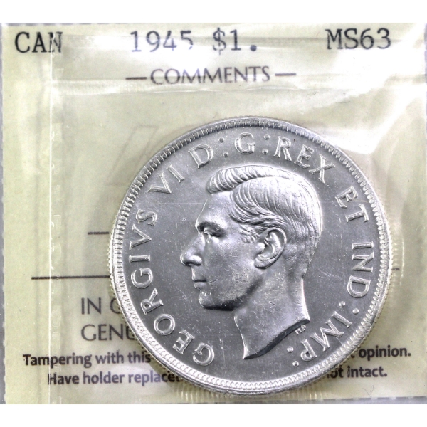 Silver $1 1945 ICCS MS63. Blast White Coin!