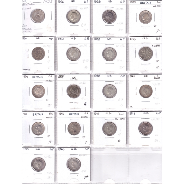 Bulk Collection of Great Britain 1925-1946 Sixpence VF-UNC in 20-Pocket Sheet. 18pcs.