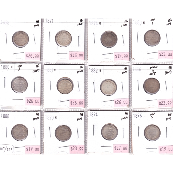 Bulk Collection of 10-cent 1858-1896 AG in 12-Pocket Sheet. 12pcs.