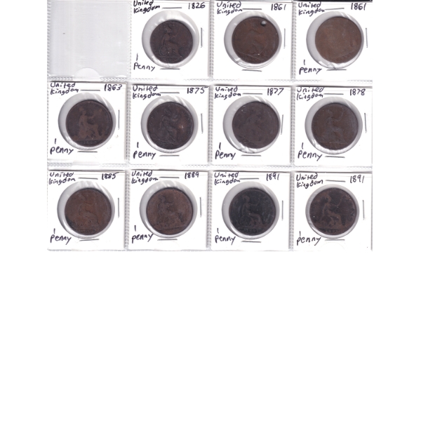 Bulk Lot of Great Britain 1826-1946 Pennies in 12 & 20-Pocket Sheets. 51pcs.