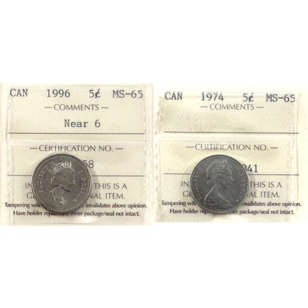 5-cent 1974 & 1996 Near 6 ICCS MS65. 2pcs.