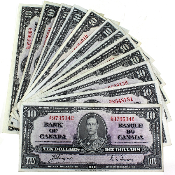 Group Lot of 12x 1937 $10 Bank of Canada Notes. 12pcs