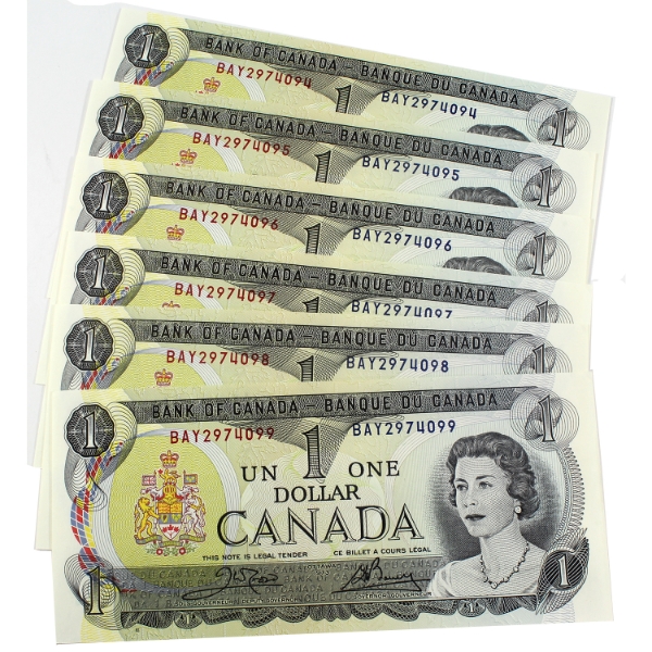 6x BC-46b 1973 $1 Consecutive Crow-Bouey SN: BAY2974094-"99. 6pcs.
