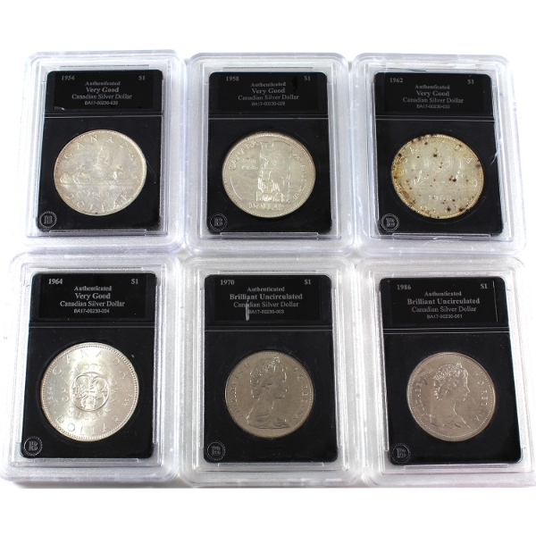 Bulk Lot of Silver $1 1954-1986 Bradford Authenticated VG to BU. 6pcs.