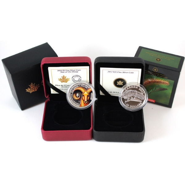2012 $10 Canadian Geographic - Praying Mantis & 2015 $5 Year of the Sheep Fine Silver Coins. 2pcs.