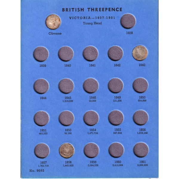 Great Britain Threepence Silver 1843-1887 Bulk Collection in Whitman Folder. 13pcs. 