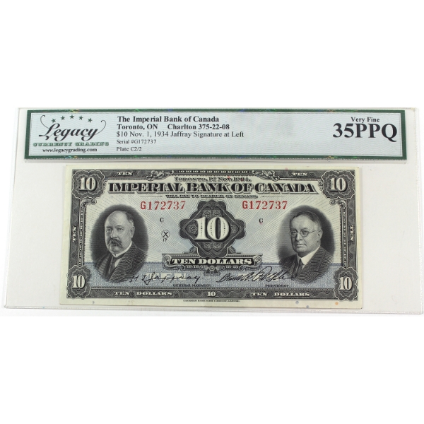 375-22-08 1934 $10 Imperial Bank of Canada Legacy VF35 PPQ Jaffray-Rolph SN: G172737 Check Letter C