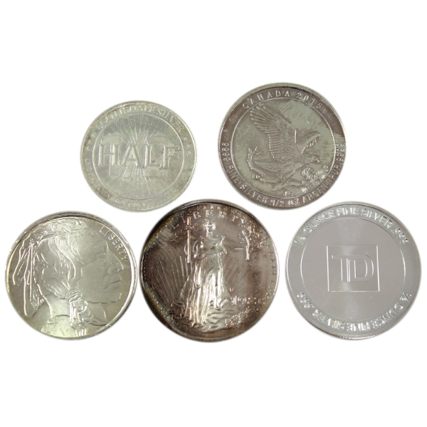 5x 1/2oz Assorted Refiners Fine Silver Rounds. 5pcs. (Tax Exempt)