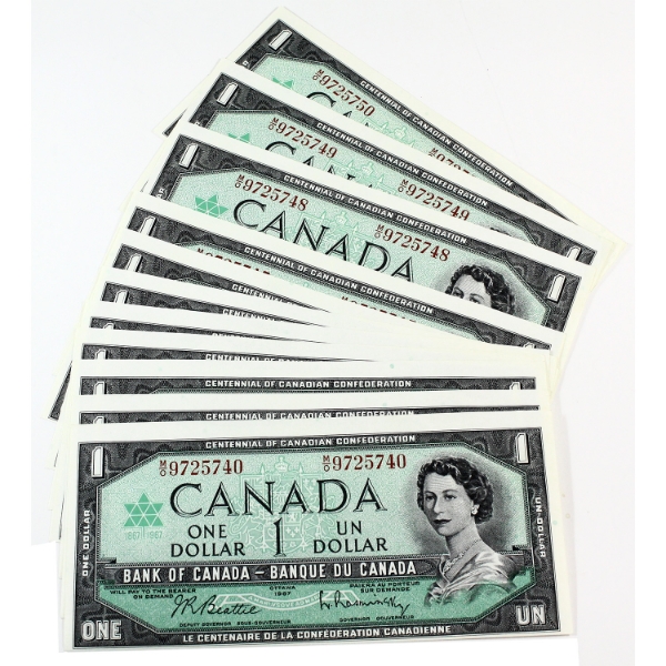 BC-45b 1967 $1 Consecutive UNC or Better Beattie-Rasminsky SN: M/O9725740- "50. 11pcs.