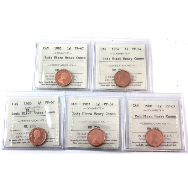 1-cent 1982, 1984, 1985, 1987 & 1988 ICCS PF67 UHC Red. 5pcs.