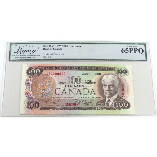 BC-52aS 1975 $100 Specimen Legacy GEM UNC65 PPQ Lawson-Bouey SN: JA0000000 144