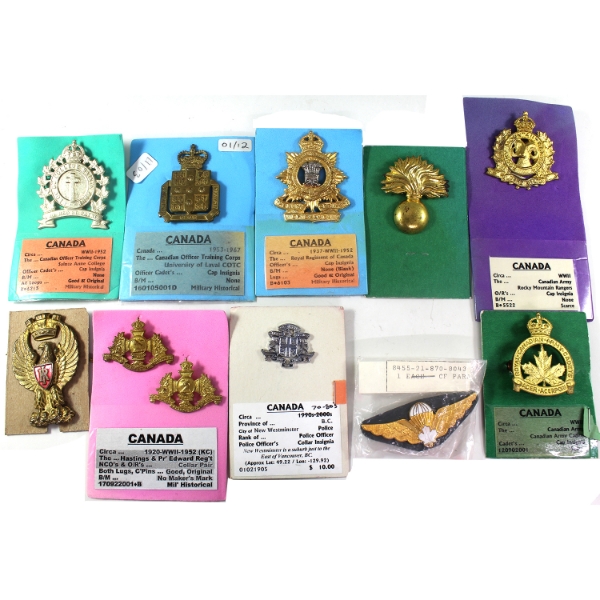 Group Lot of 10x Mostly Canada Military/Police Force Lapel Pins, Cap Badges, & Pins. 11pcs.