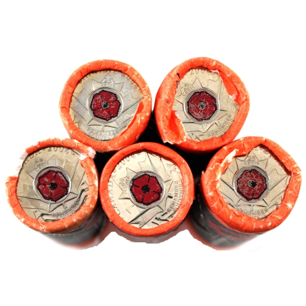 *25-cent 5x 2004 Coloured Poppy Special Wrap Roll of 40pcs. 5Rolls.