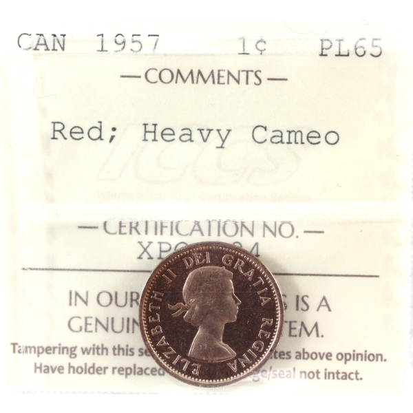 1-cent 1957 ICCS PL65 Red, Heavy Cameo