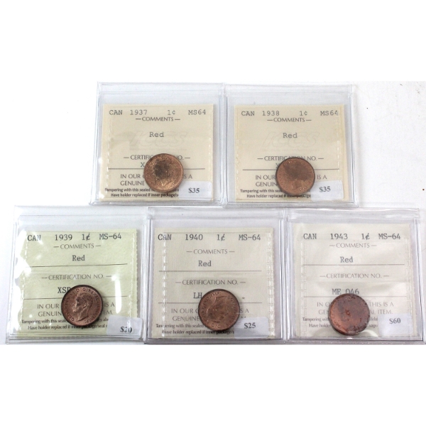 1-cent 1937, 1938, 1939, 1940 & 1943 ICCS MS64 Red. 5pcs.