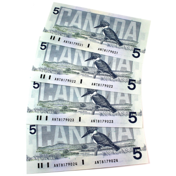 BC-56e-i 1986 $5 Consecutive UNC or Better Knight-Dodge Banknotes. SN: ANT8179021-"24. 4pcs.