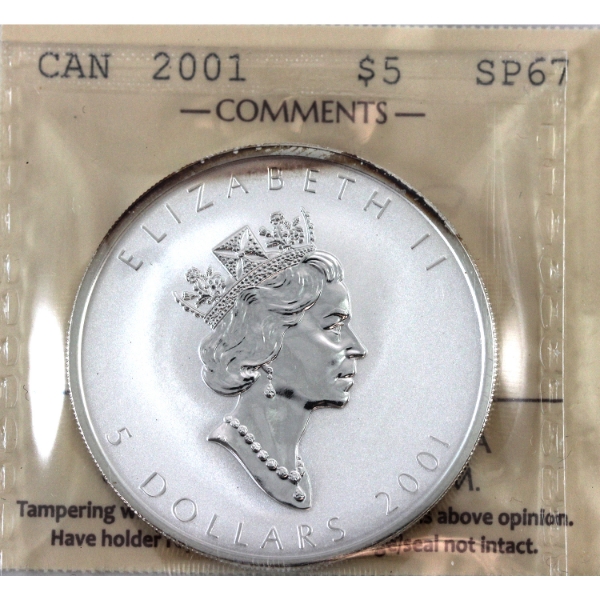 2001 $5 Maple of Good Fortune - 1oz .9999 Fine SML Hologram Coin ICCS SP67 (Tax Exempt)