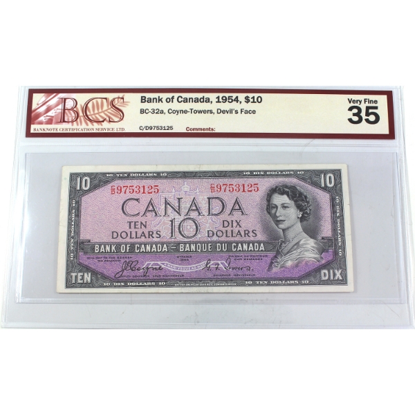 BC-32a 1954 $10 Devil's Face BCS VF35 Coyne-Towers SN: C/D9753125