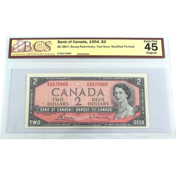 BC-38cT 1954 $2 Test Note Modified Portrait BCS EF45 Original Bouey-Rasminsky SN: S/R2470866