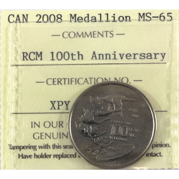 2008 RCM 100th Anniversary Commemorative Medallion ICCS MS65