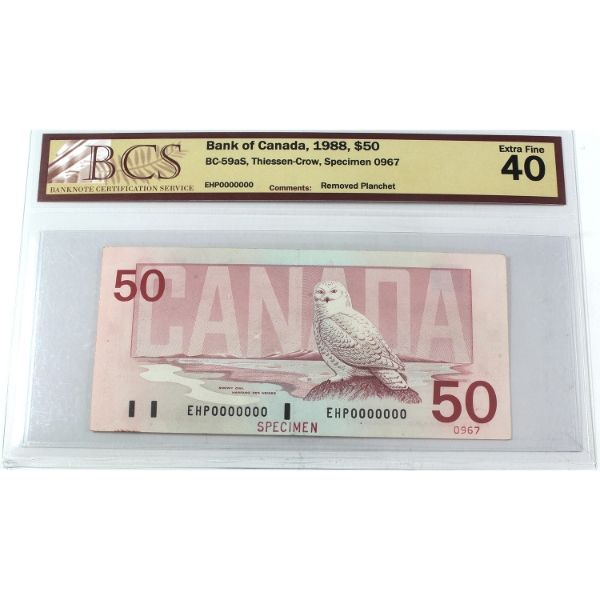 BC-59aS 1988 $50 SPECIMEN Removed Planchet BCS EF40 Thiessen-Crow SN: EHP0000000 0967