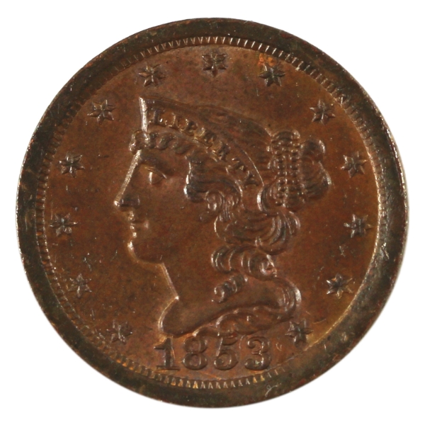 USA 1853 Braided Hair Half Cent BU Lustrous Brown