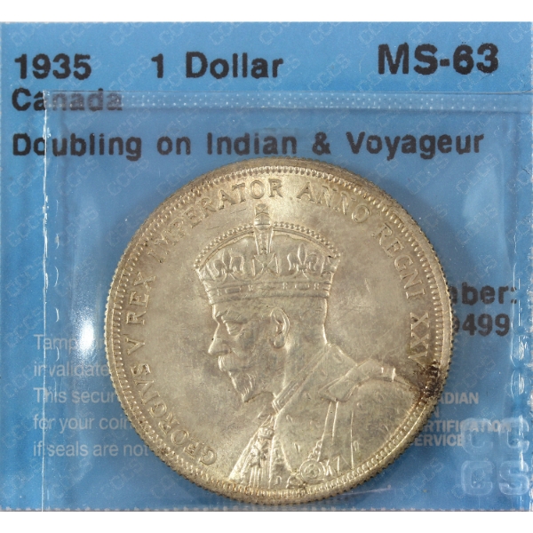 Silver $1 1935 Doubling on Indian & Voyageur CCCS MS63