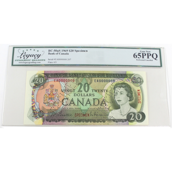 BC-50aS 1969 $20 SPECIMEN Legacy GEM UNC65 PPQ Beattie-Rasminsky SN: EA0000000 207