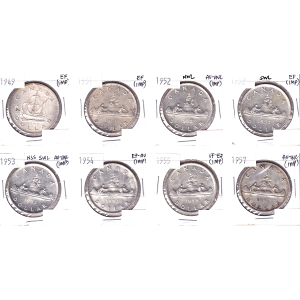 Silver $1 1949-1956 VF-EF to AU-UNC Collection in 8-Pocket Sheet. 8pcs. 