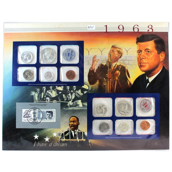USA 1963 P & D Mint Sets with Stamps on Display Board. 